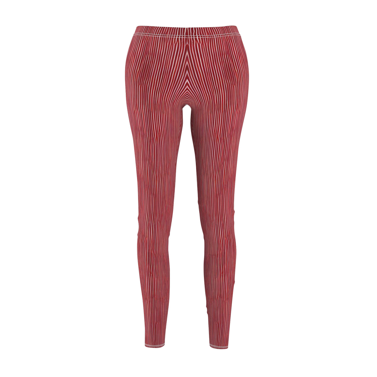 A pair of elastic skinny fit leggings with a red and white striped pattern.