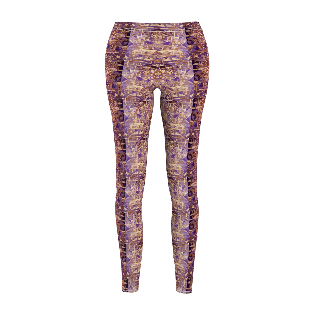 A pair of purple and gold leggings with a textured print, designed to be skinny fit, front view.