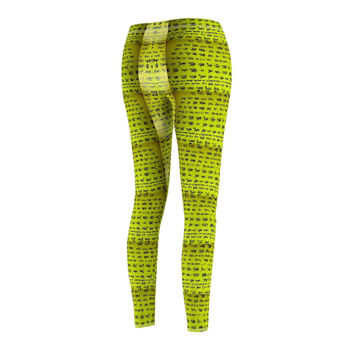 Back side view of a pair of lime green elastic skinny fit leggings with a white thread color and Chinese character pattern.