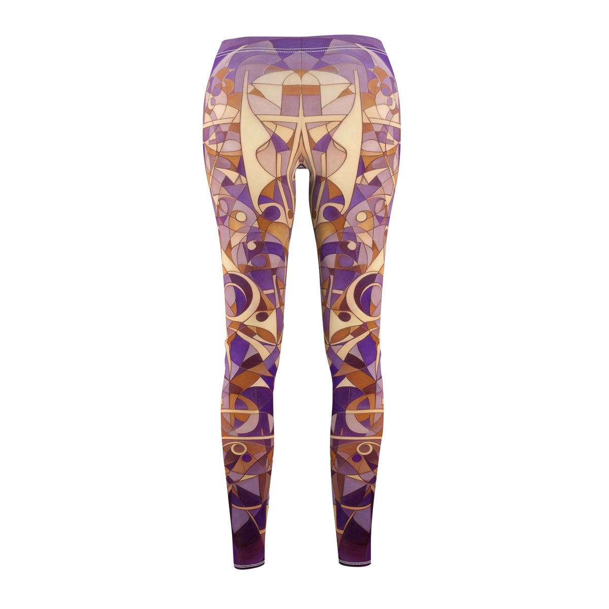 A pair of purple, cream and beige geometric patterned skinny fit leggings, back view.