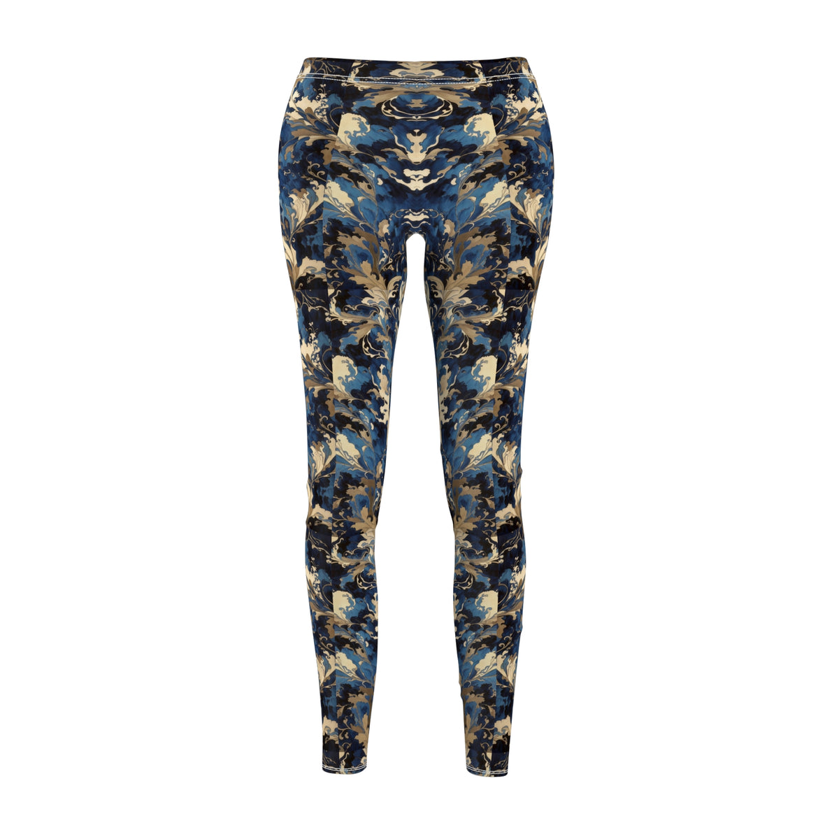A pair of blue and gold floral print leggings with a skinny fit, elastic waistband, and a high-waisted design.