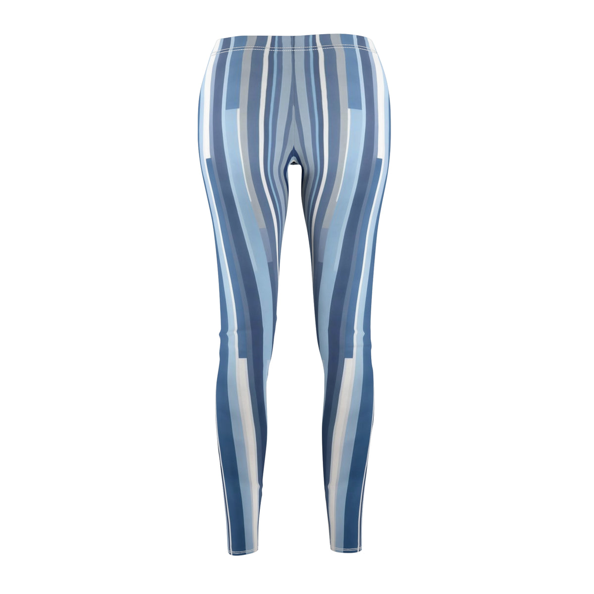 A pair of blue and white striped leggings, back view.