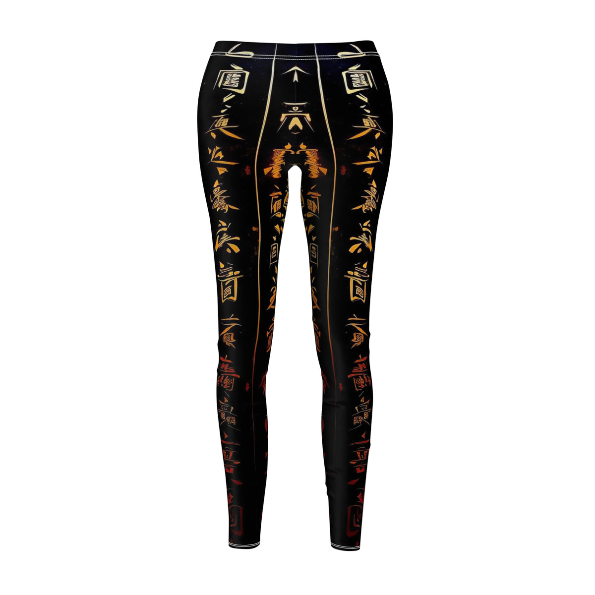 A pair of skinny fit leggings featuring gold and red Chinese lettering on a black background, front view.