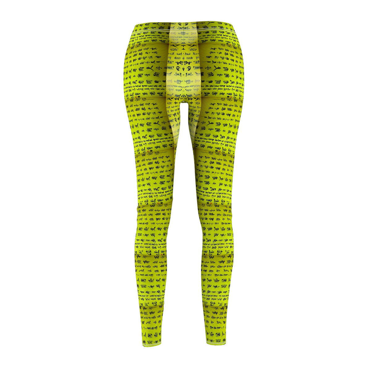 Back view of a pair of lime green elastic skinny fit leggings with a white thread color and Chinese character pattern.