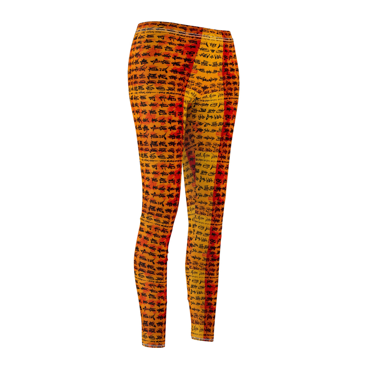 Front side view of a pair of skinny fit leggings featuring Chinese calligraphy with vibrant colors predominantly in orange and yellow tones.