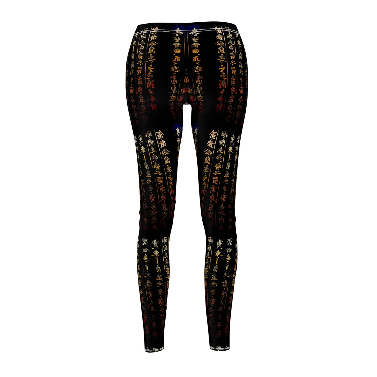 Back view of a pair of black activewear leggings with a gold all-over Chinese calligraphy print, featuring a skinny fit design.