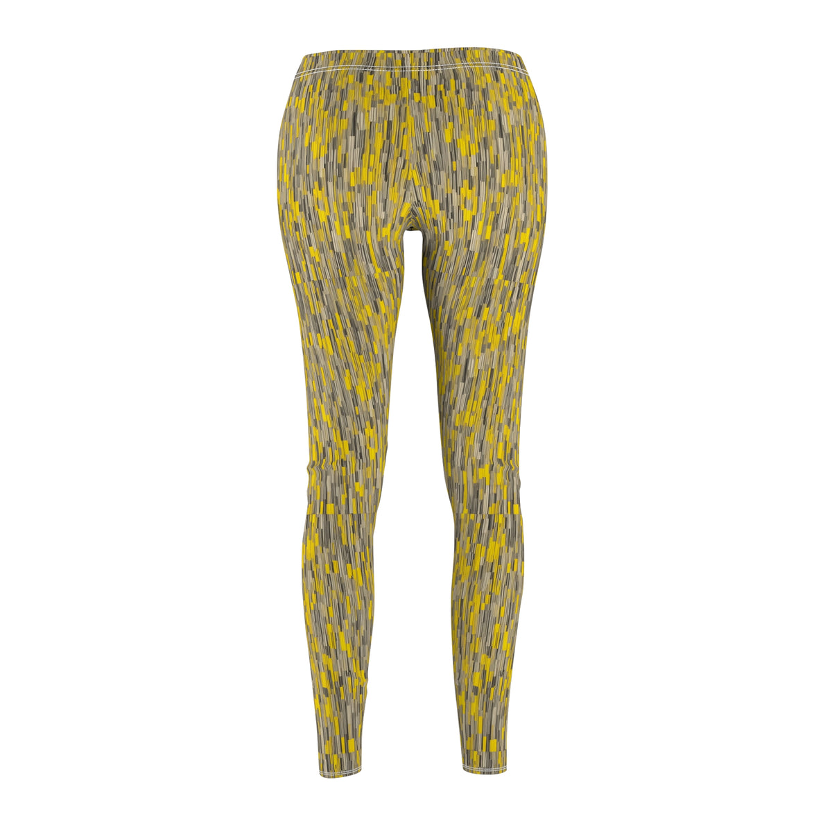 A pair of leggings with a vibrant yellow and gray geometric pattern. Back view.