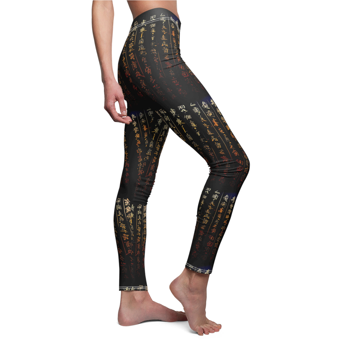 Side view of model wearing a pair of black activewear leggings with a gold all-over Chinese calligraphy print, featuring a skinny fit design.