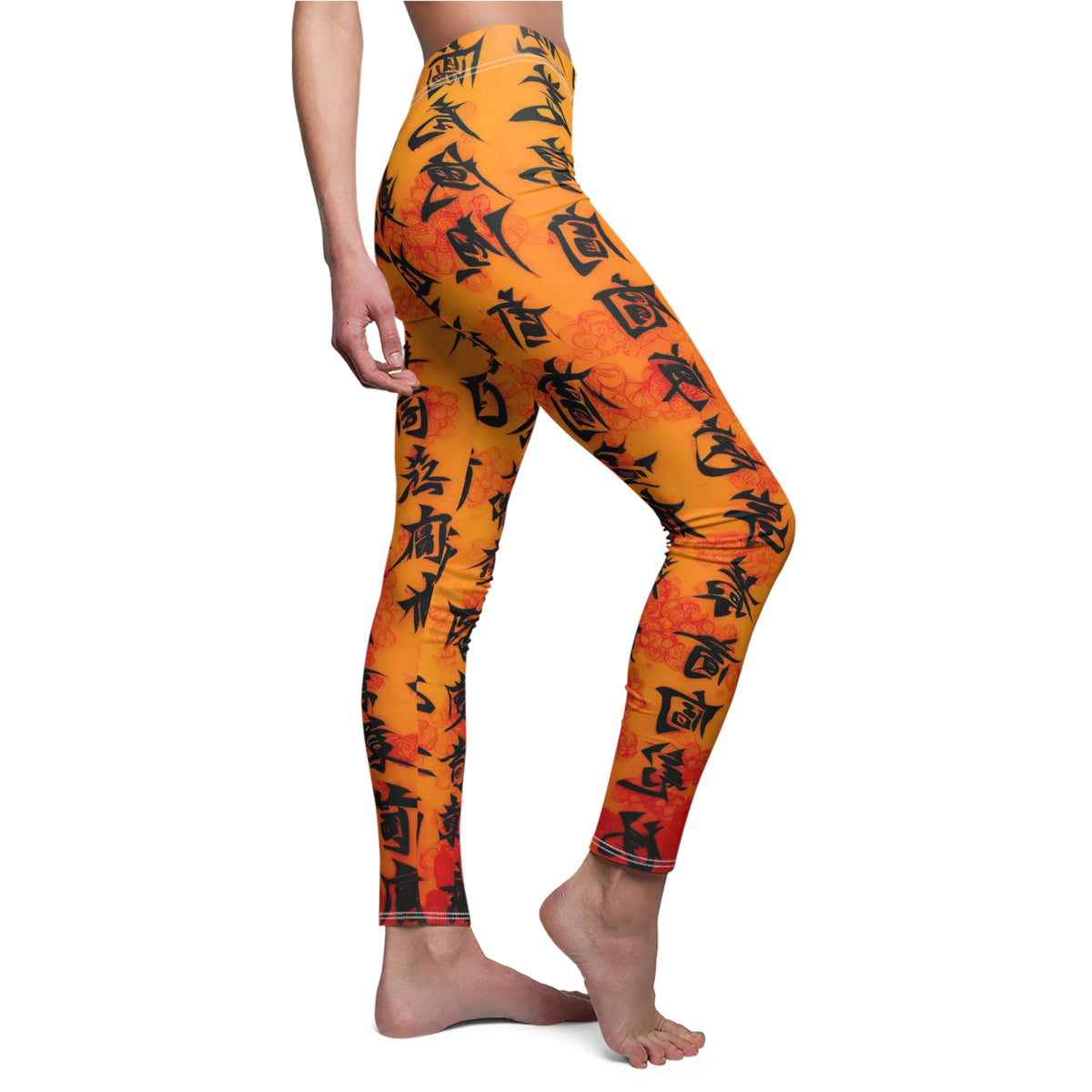 Side view of a pair of skinny fit leggings on a model featuring Chinese calligraphy with vibrant colors predominantly in orange and red tones.