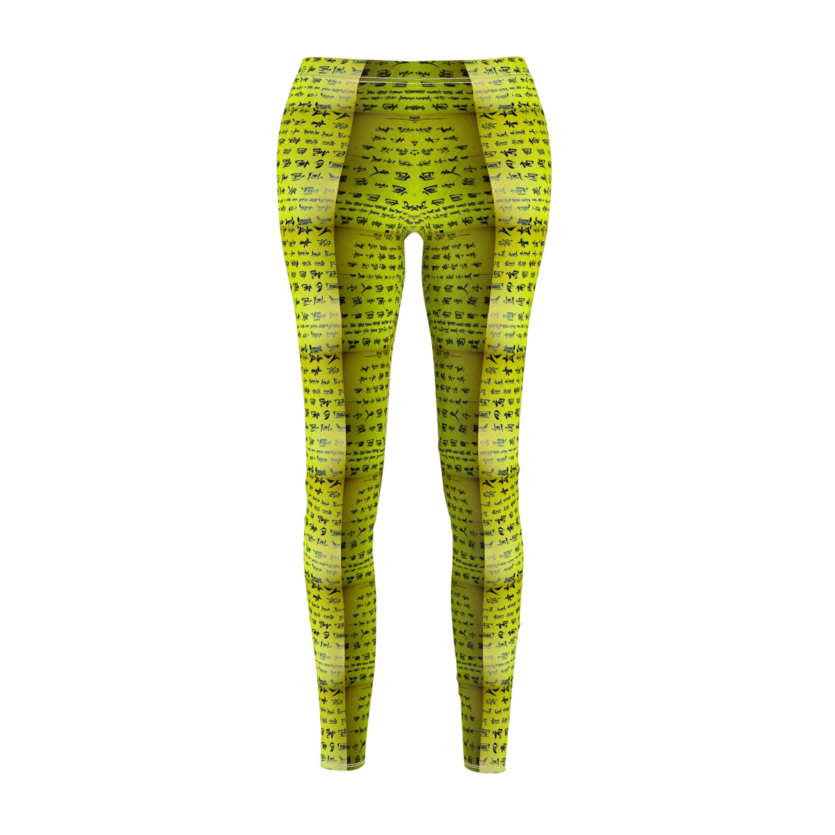 Front view of lime green elastic skinny fit leggings with a white thread color and Chinese character pattern.