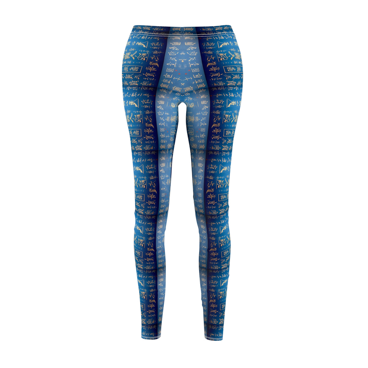 A pair of blue leggings, front view, covered in gold Chinese writing, showcasing the product's skinny fit and vibrant color.
