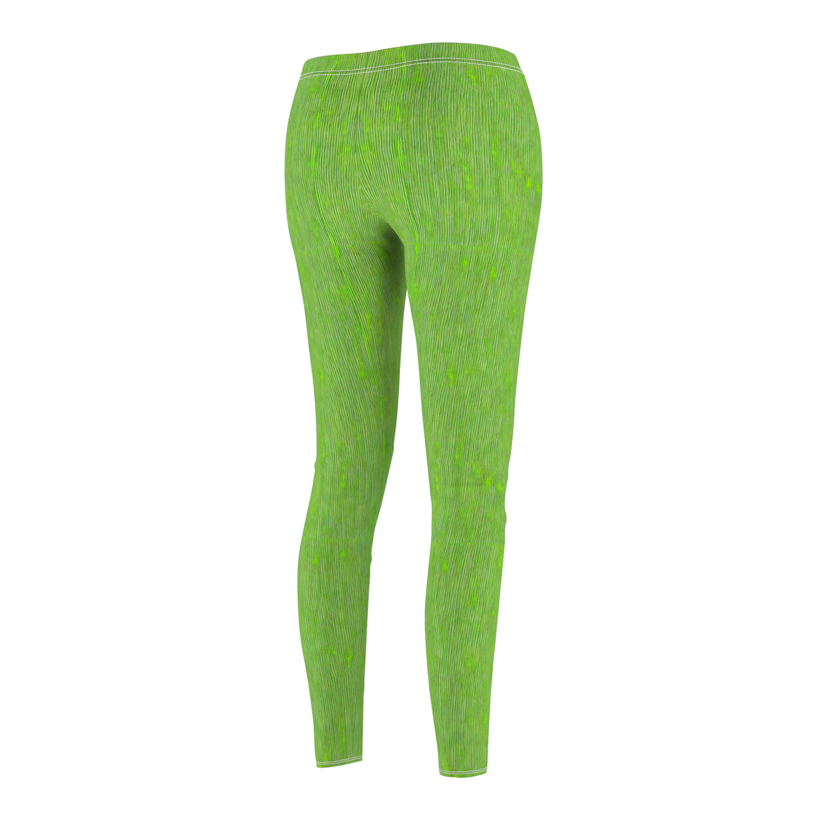 A pair of elastic skinny fit leggings in lime green with a white stripe pattern, back side view.
