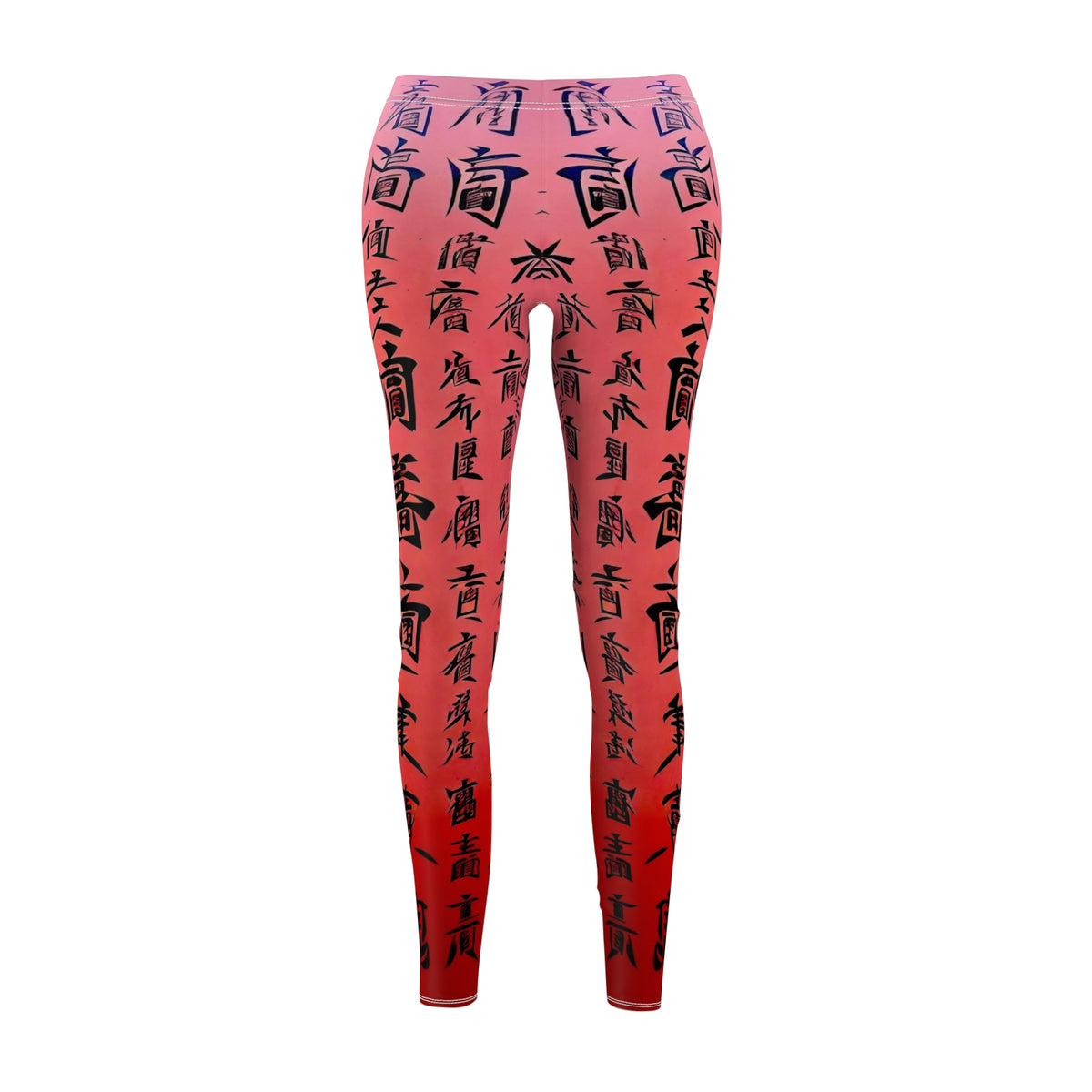 A pair of pink elastic skinny fit leggings with a black all-over print featuring what appears to be Chinese characters.