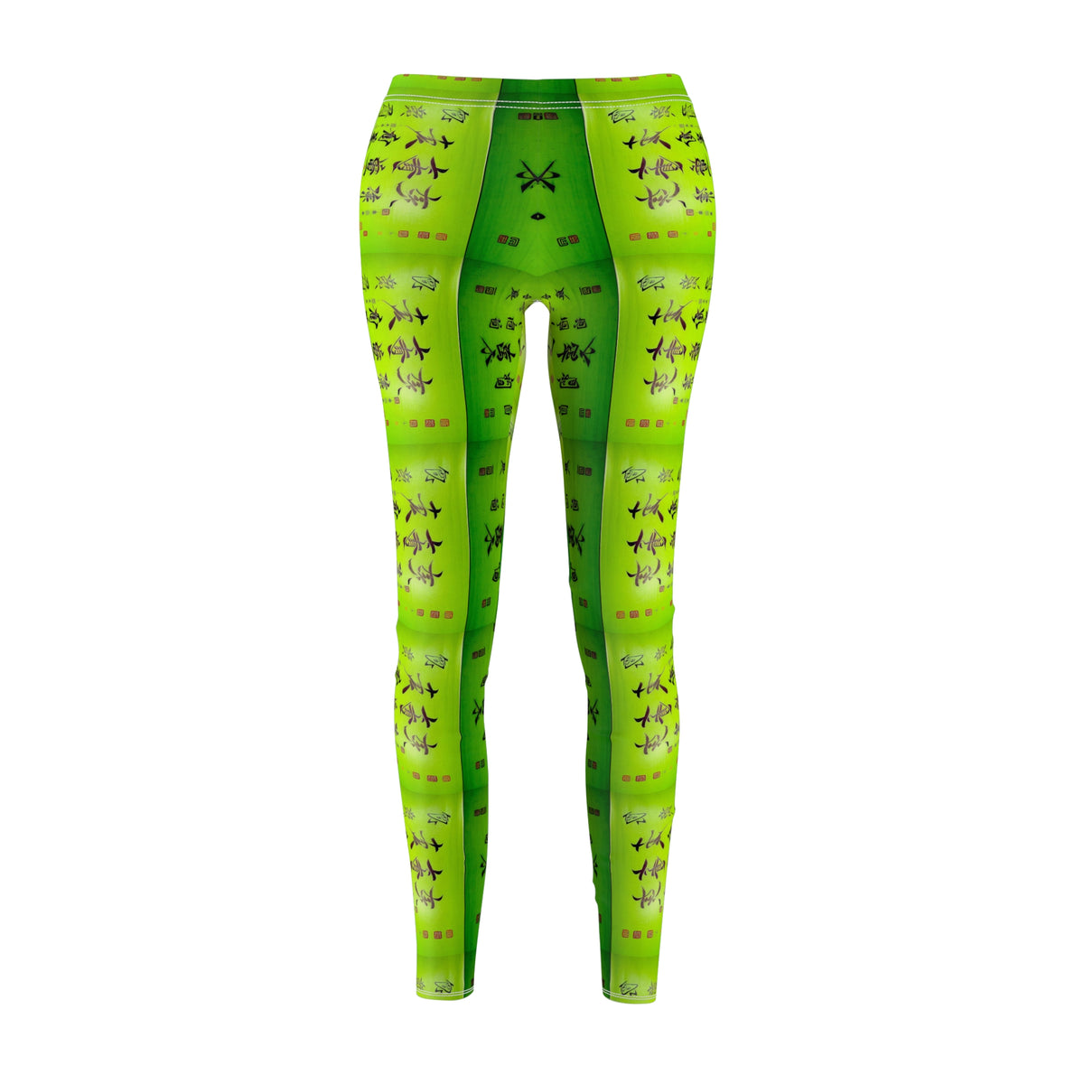 Front view of a pair of lime green elastic skinny fit leggings with a pattern of Chinese calligraphy.