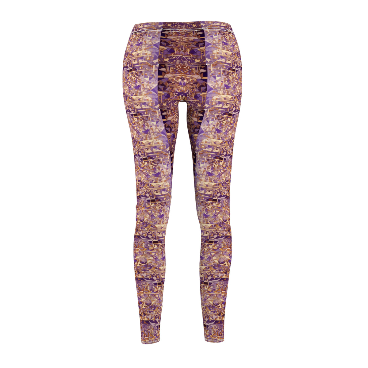 A pair of purple and gold leggings with a textured print, designed to be skinny fit, back view.
