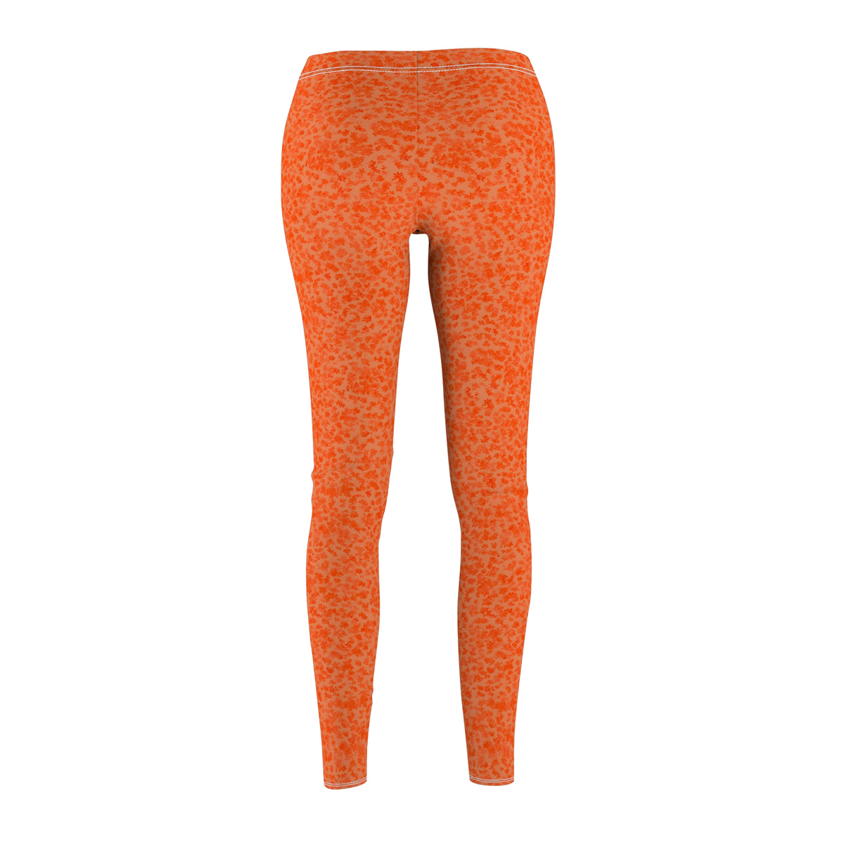 A pair of orange skinny fit leggings with a pattern, made from polyester and spandex fabric. Back view.