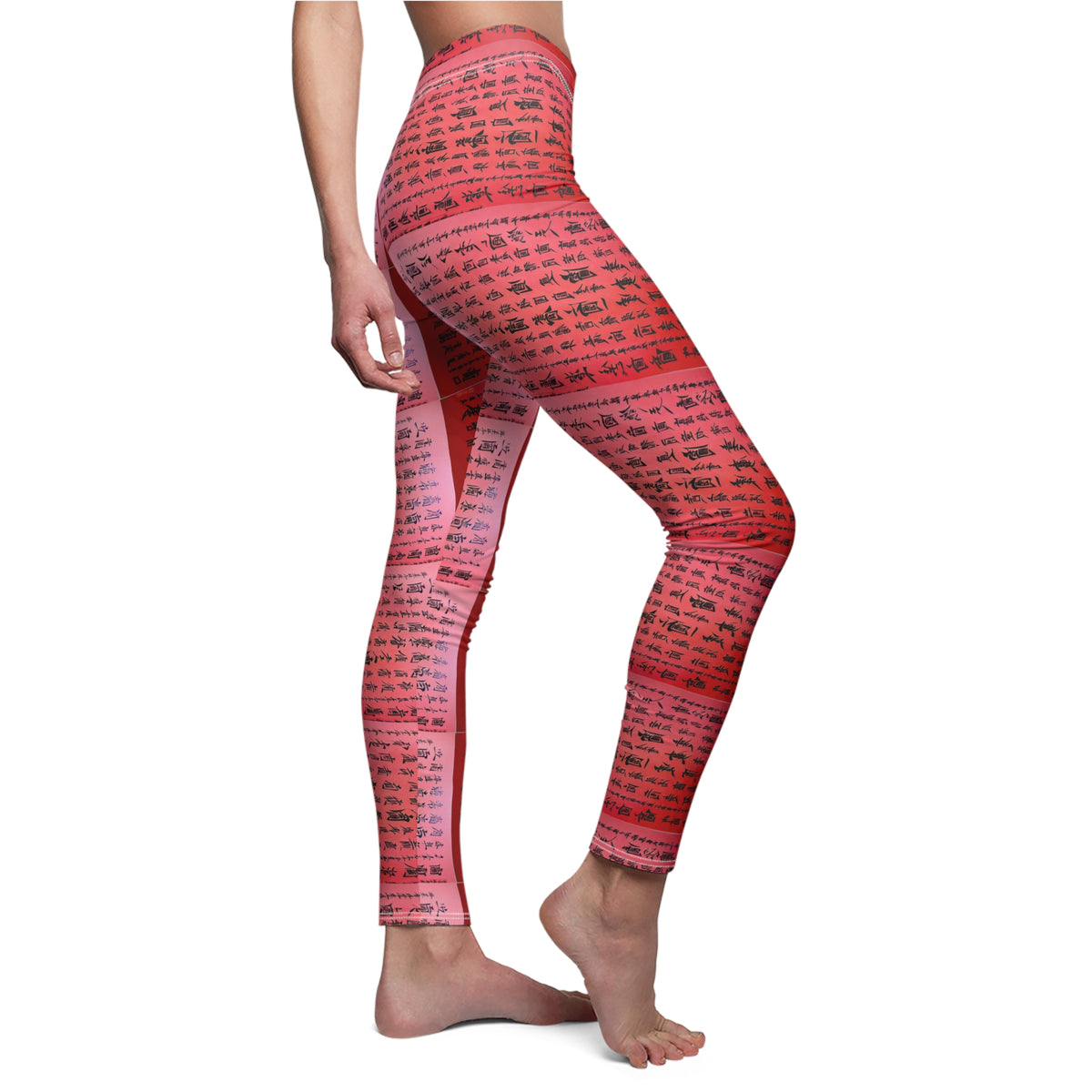 Woman wearing Miller Burton pink athletic leggings with all over print design