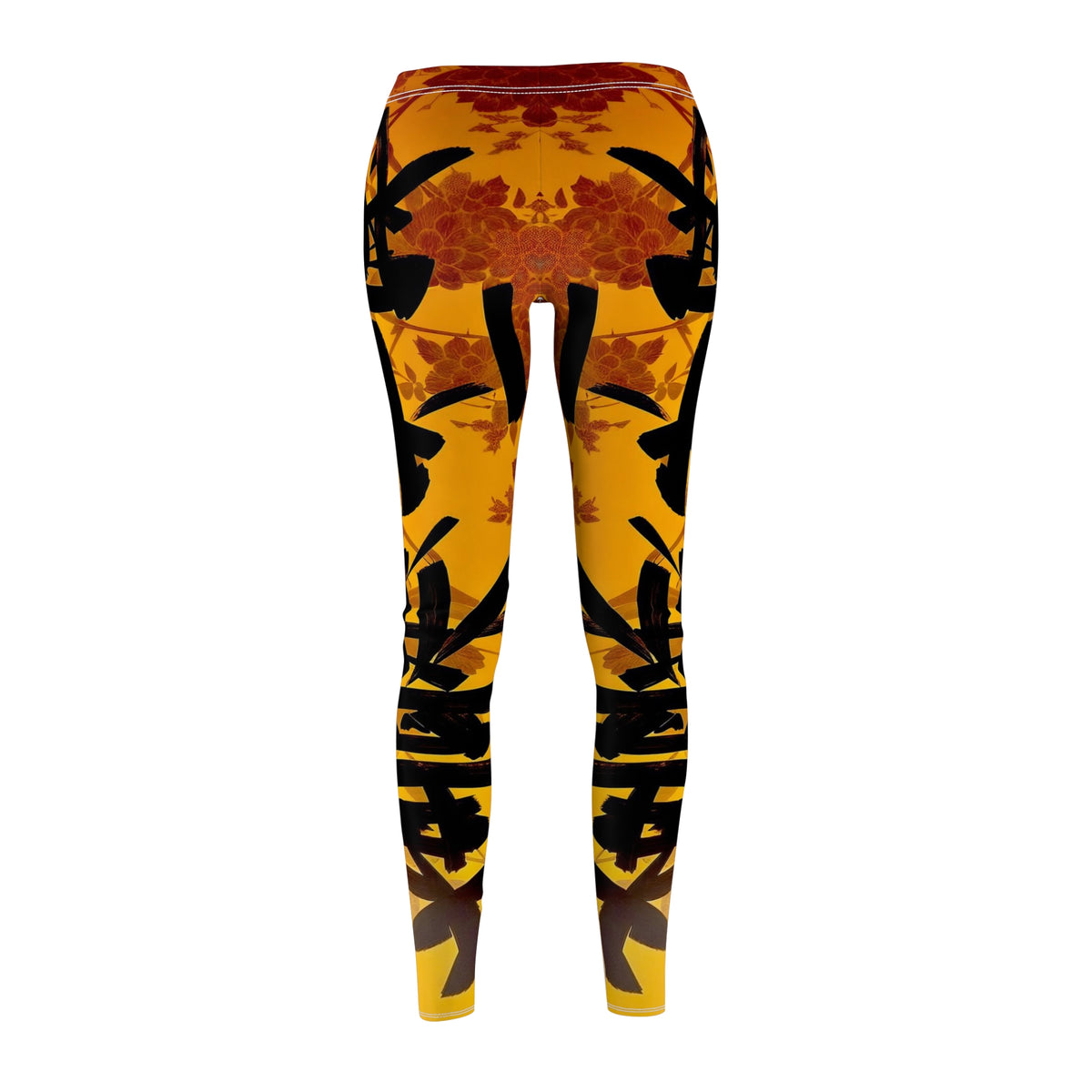 A pair of skinny fit leggings featuring a gold and orange color scheme with an Oriental geometric floral pattern, back view.