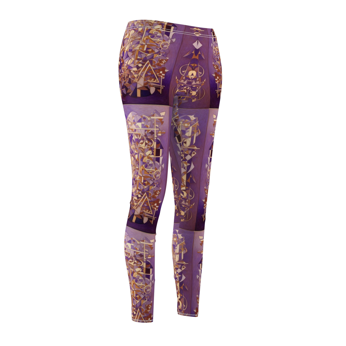 Skinny fit leggings, shades of purples with gold and white geometric patterns, front side view.
