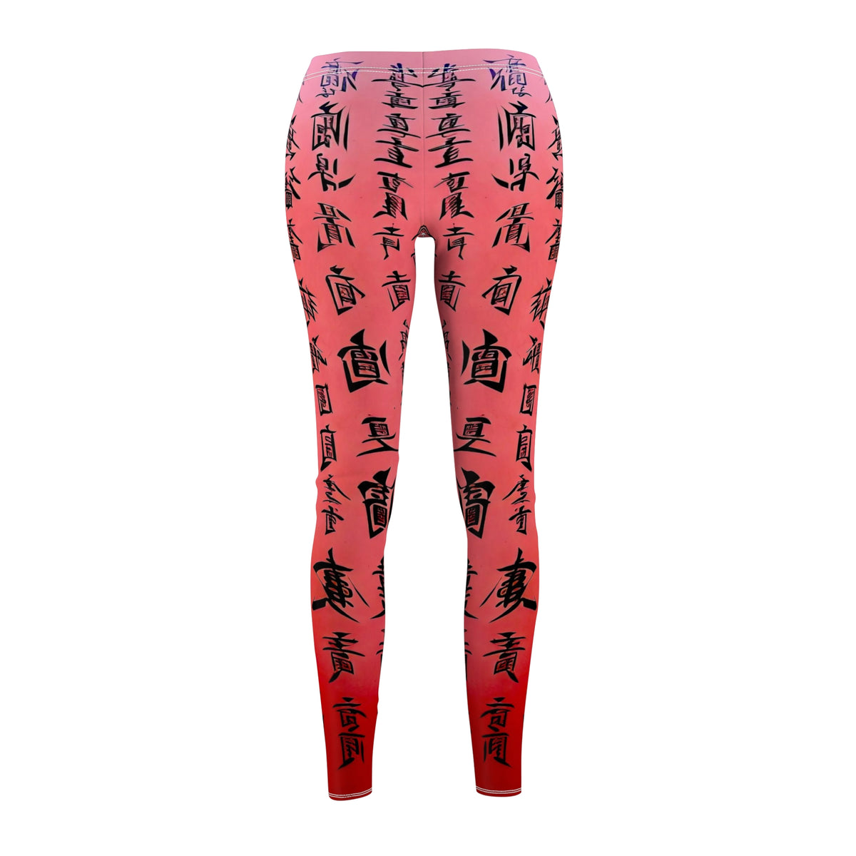 A pair of pink elastic skinny fit leggings with a black all-over print featuring what appears to be Chinese characters.
