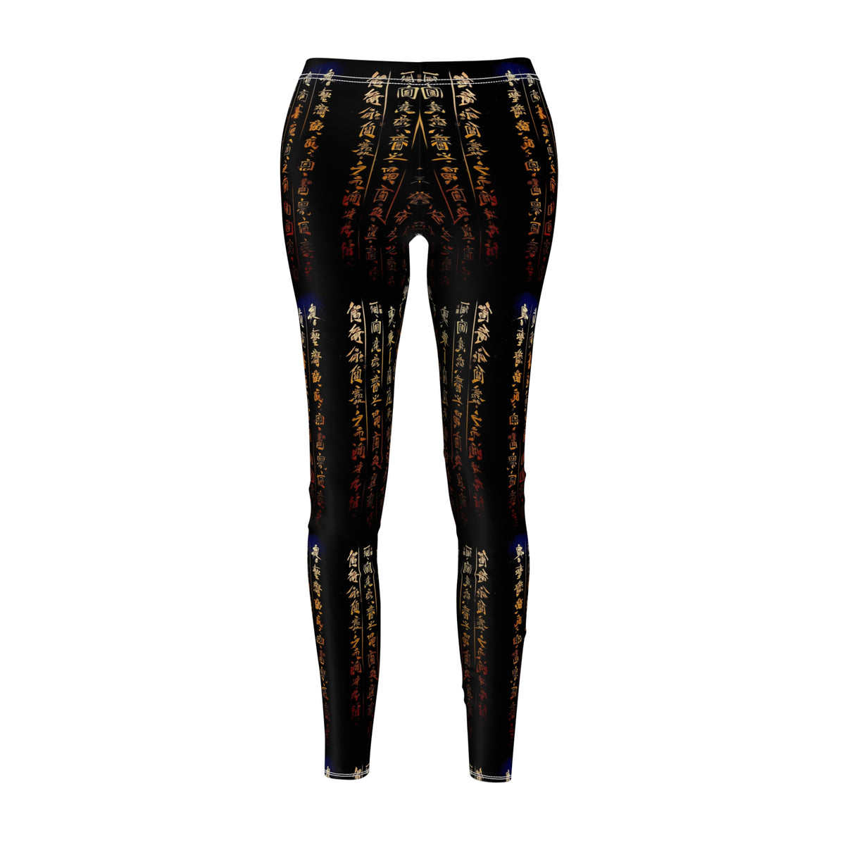 A pair of black activewear leggings with a gold all-over Chinese calligraphy print, featuring a skinny fit design.