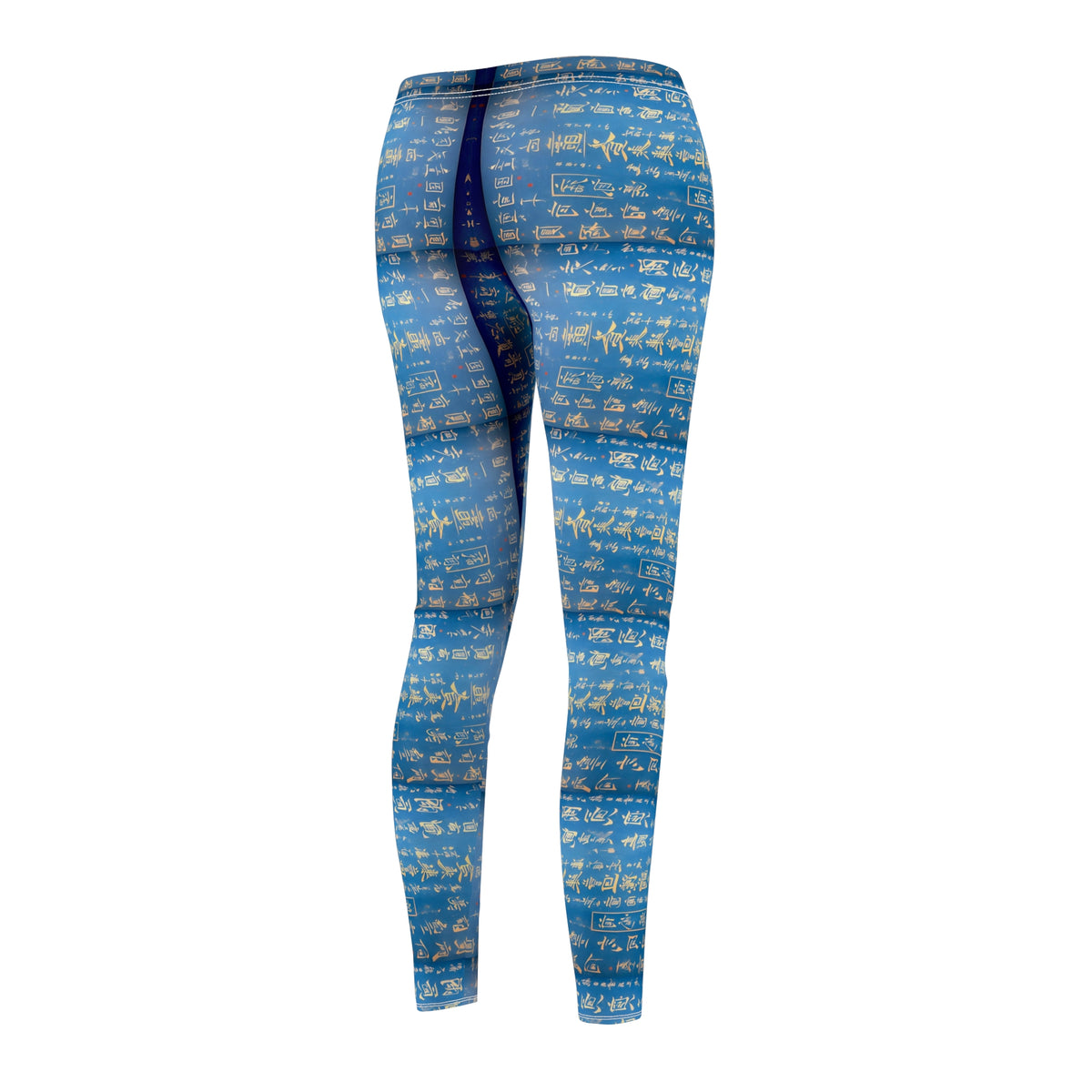 A pair of blue leggings, back side view, covered in gold Chinese writing, showcasing the product's skinny fit and vibrant color.