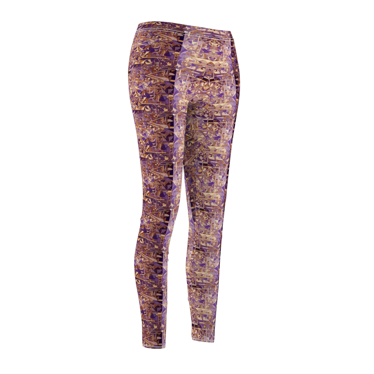 A pair of purple and gold leggings with a textured print, designed to be skinny fit, front side view.