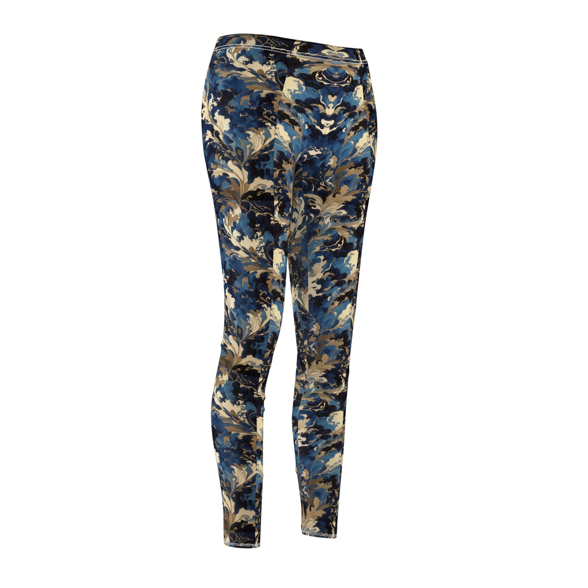 A pair of blue and gold floral print leggings with a skinny fit, elastic waistband, and a high-waisted design.