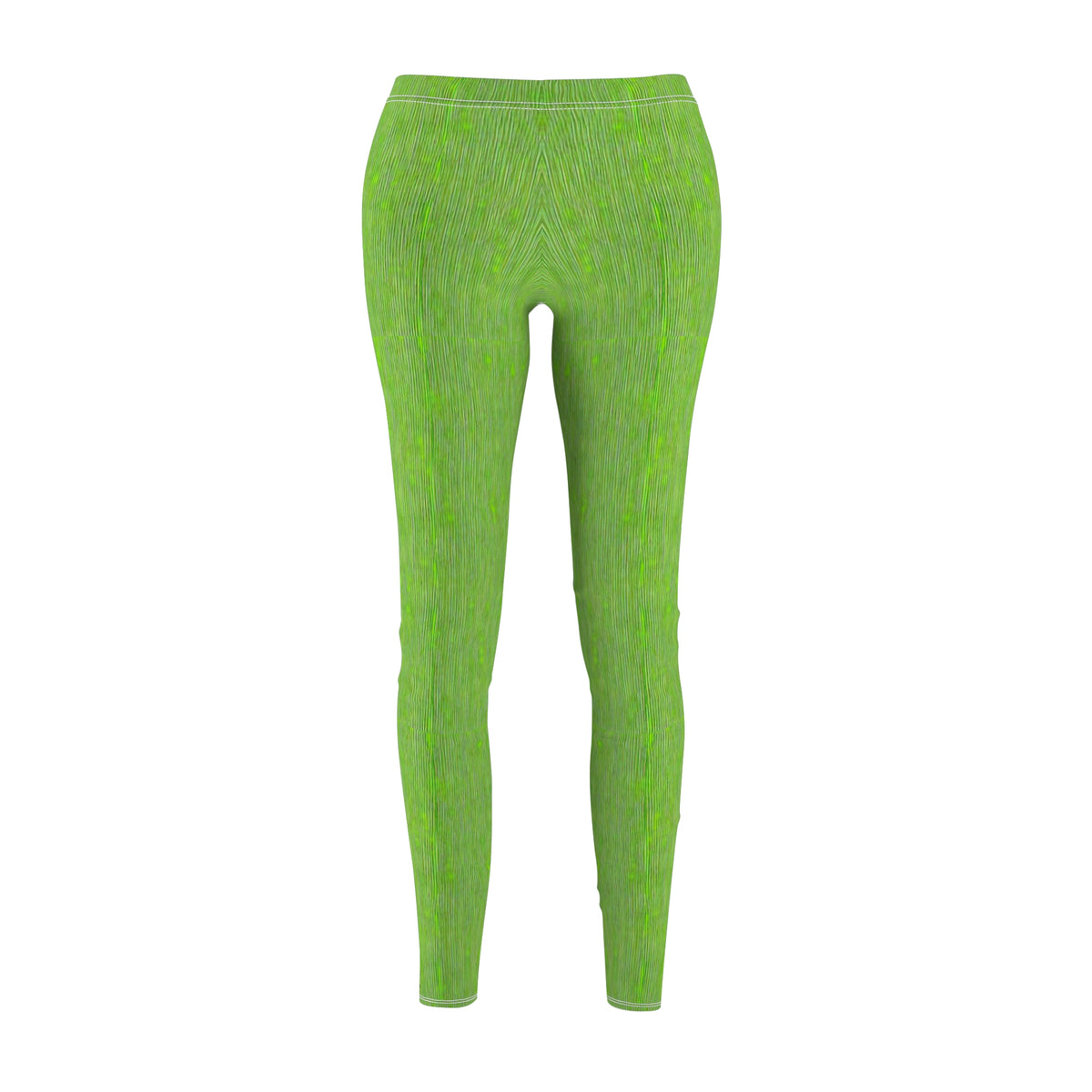 A pair of elastic skinny fit leggings in lime green with a white stripe pattern, front view.